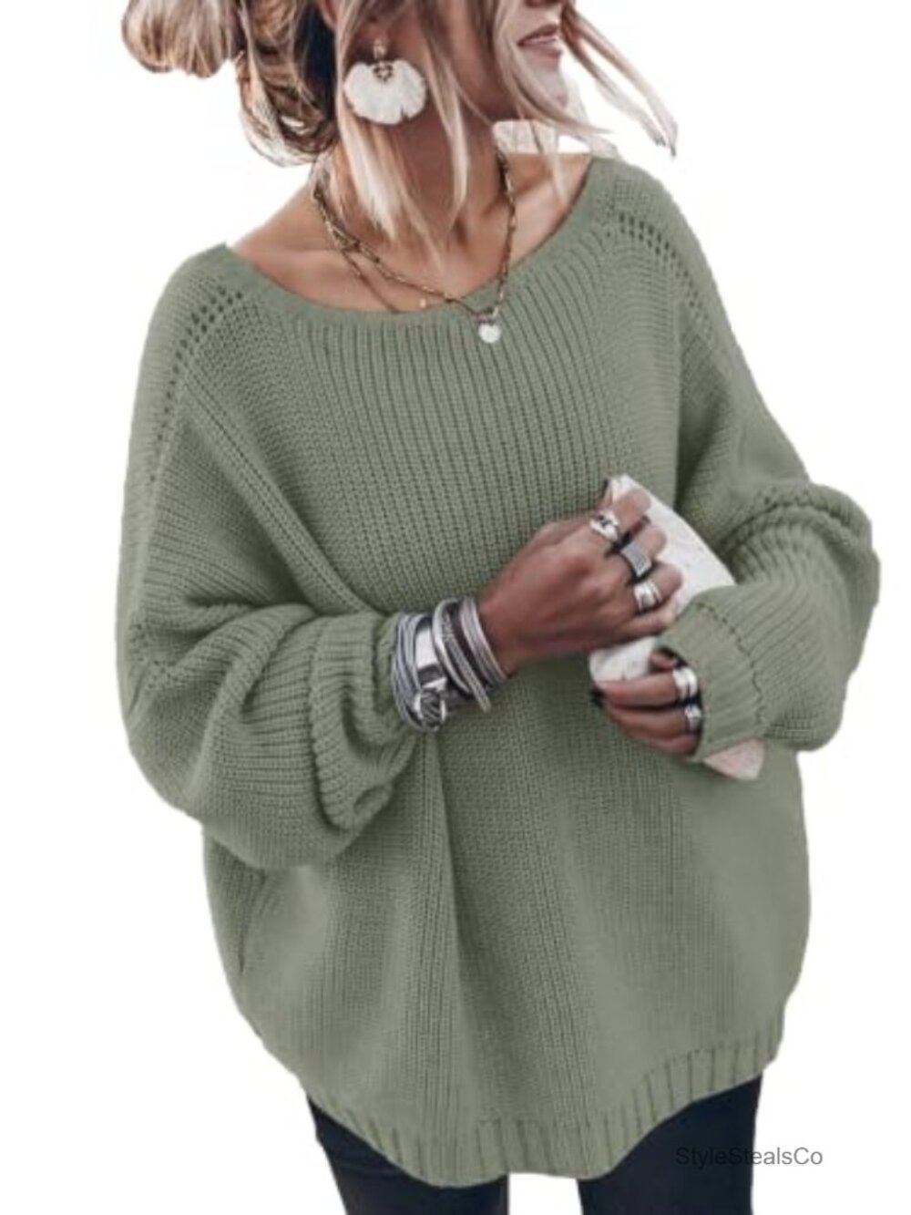 Womens Oversized Cotton Knit Sweater Crewneck Long Sleeve Pullover
